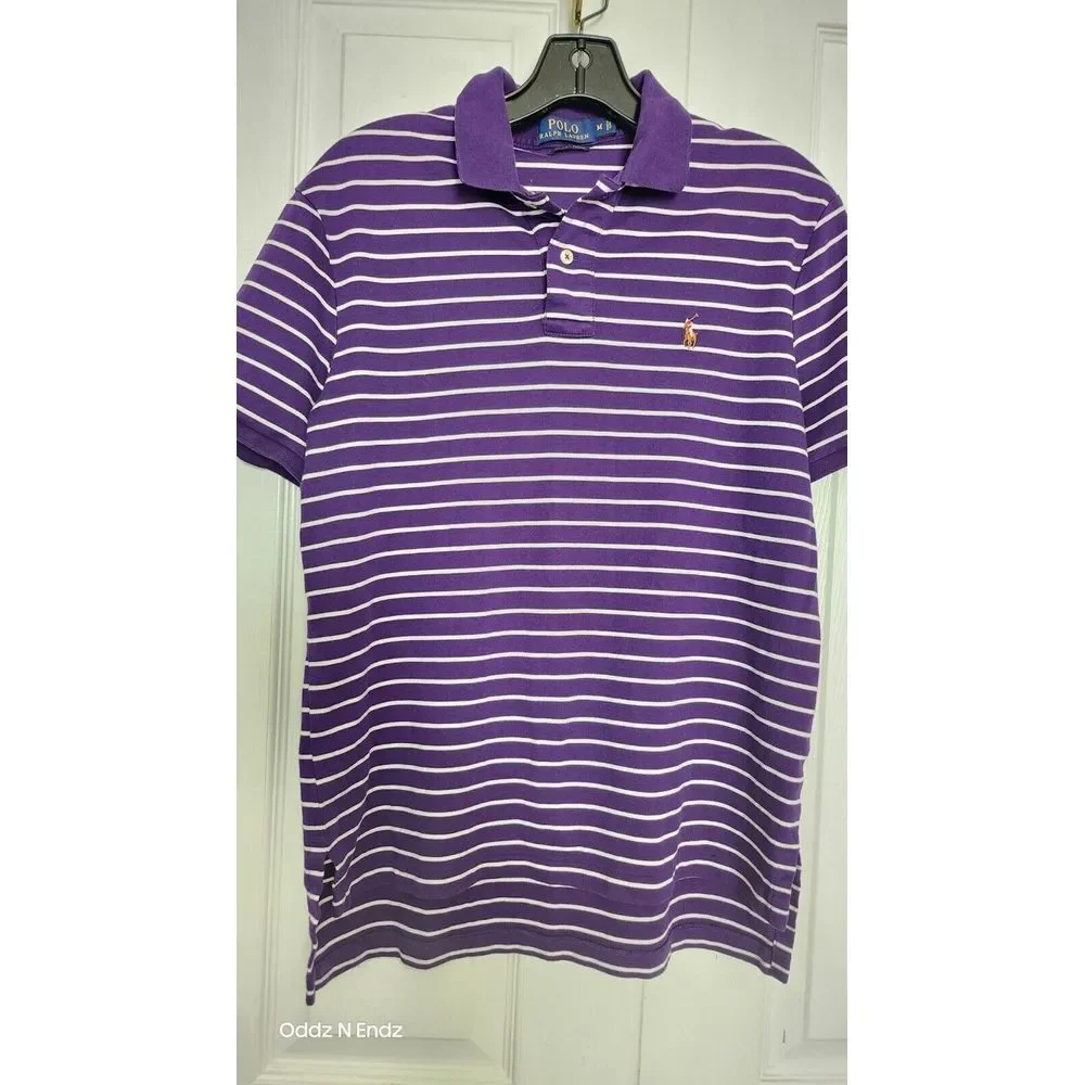 Polo Ralph Lauren Mens Purple Striped Polo Shirt M 100% Cotton Short Sleeve Clas